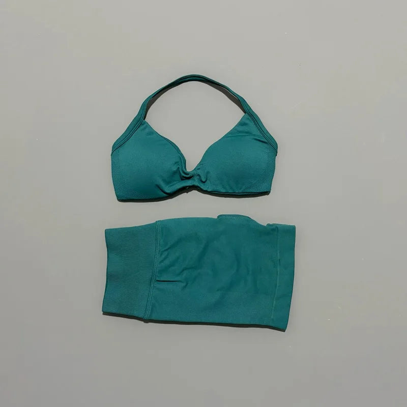 Yoga Gym Set 2 Piece Women Seamless Strappy Yoga Bra Top High Waist Workout Scrunch Shorts Sports Set Fitness Clothes Sportswear