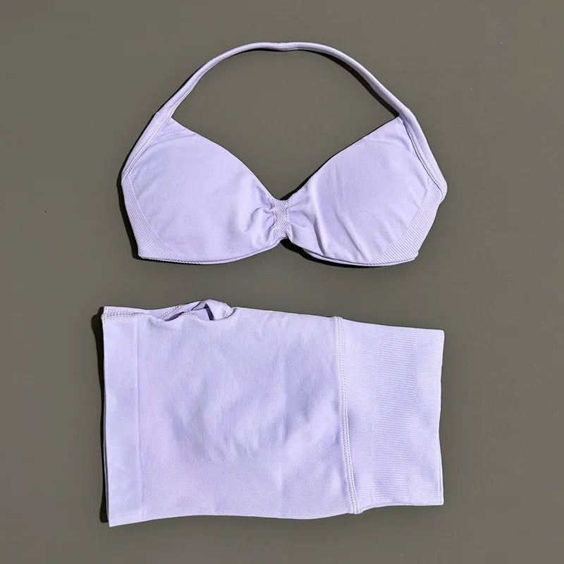 Yoga Gym Set 2 Piece Women Seamless Strappy Yoga Bra Top High Waist Workout Scrunch Shorts Sports Set Fitness Clothes Sportswear