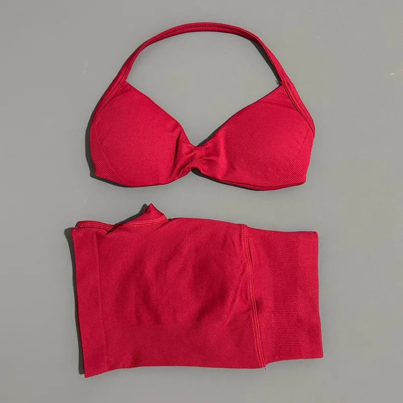 Yoga Gym Set 2 Piece Women Seamless Strappy Yoga Bra Top High Waist Workout Scrunch Shorts Sports Set Fitness Clothes Sportswear