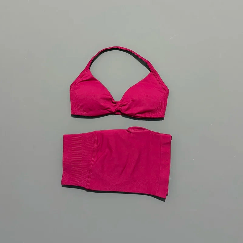 Yoga Gym Set 2 Piece Women Seamless Strappy Yoga Bra Top High Waist Workout Scrunch Shorts Sports Set Fitness Clothes Sportswear