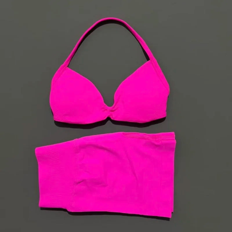 Yoga Gym Set 2 Piece Women Seamless Strappy Yoga Bra Top High Waist Workout Scrunch Shorts Sports Set Fitness Clothes Sportswear