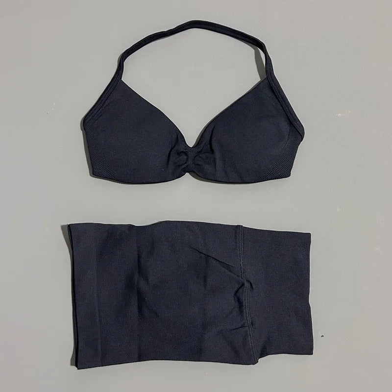 Yoga Gym Set 2 Piece Women Seamless Strappy Yoga Bra Top High Waist Workout Scrunch Shorts Sports Set Fitness Clothes Sportswear