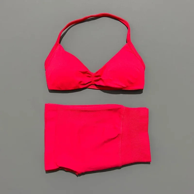 Yoga Gym Set 2 Piece Women Seamless Strappy Yoga Bra Top High Waist Workout Scrunch Shorts Sports Set Fitness Clothes Sportswear