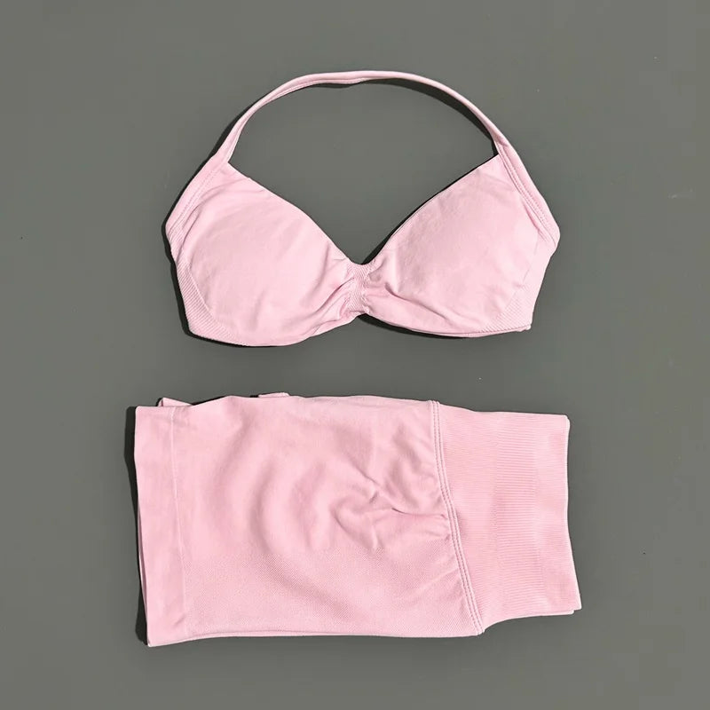 Yoga Gym Set 2 Piece Women Seamless Strappy Yoga Bra Top High Waist Workout Scrunch Shorts Sports Set Fitness Clothes Sportswear