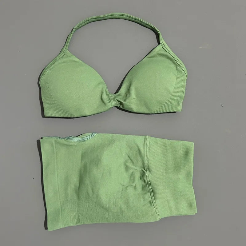 Yoga Gym Set 2 Piece Women Seamless Strappy Yoga Bra Top High Waist Workout Scrunch Shorts Sports Set Fitness Clothes Sportswear