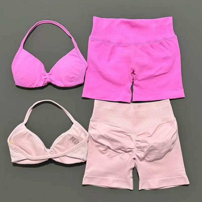 Yoga Gym Set 2 Piece Women Seamless Strappy Yoga Bra Top High Waist Workout Scrunch Shorts Sports Set Fitness Clothes Sportswear