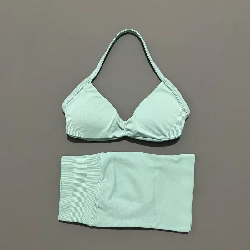 Yoga Gym Set 2 Piece Women Seamless Strappy Yoga Bra Top High Waist Workout Scrunch Shorts Sports Set Fitness Clothes Sportswear