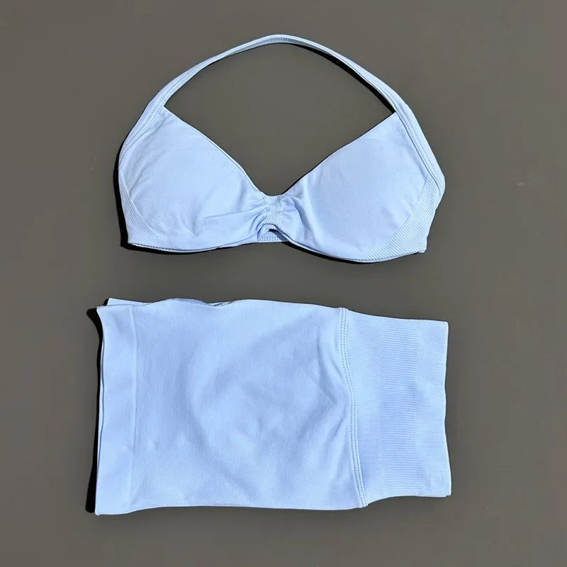 Yoga Gym Set 2 Piece Women Seamless Strappy Yoga Bra Top High Waist Workout Scrunch Shorts Sports Set Fitness Clothes Sportswear