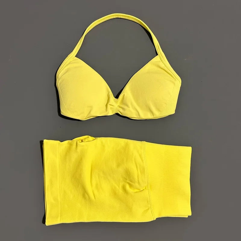 Yoga Gym Set 2 Piece Women Seamless Strappy Yoga Bra Top High Waist Workout Scrunch Shorts Sports Set Fitness Clothes Sportswear