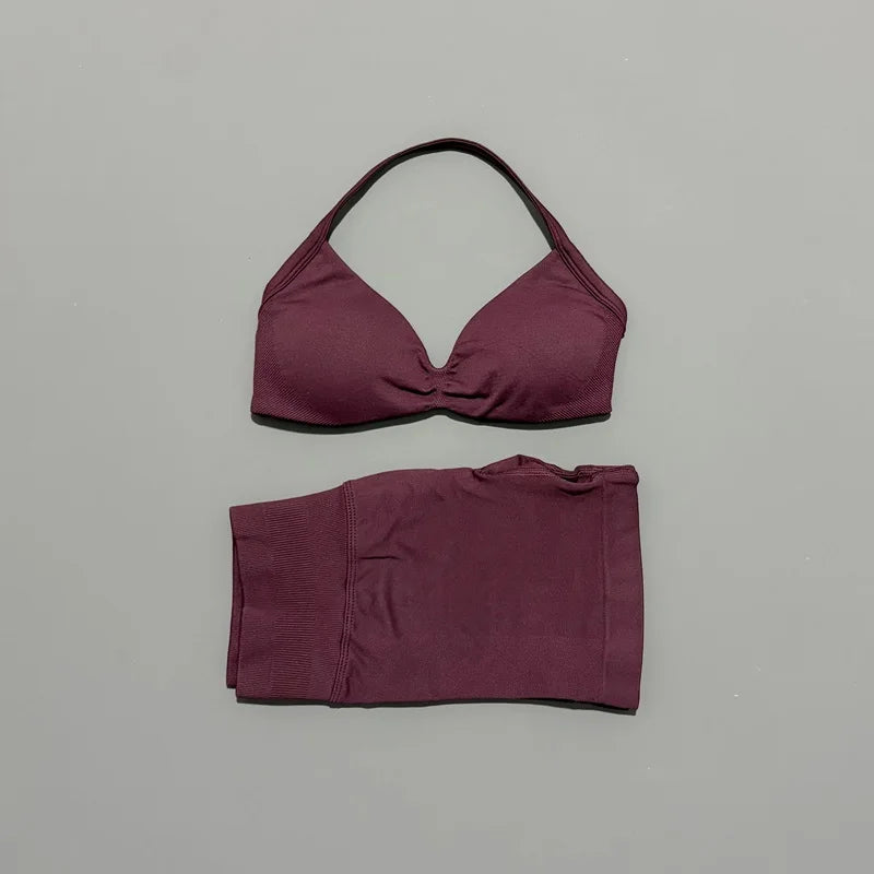 Yoga Gym Set 2 Piece Women Seamless Strappy Yoga Bra Top High Waist Workout Scrunch Shorts Sports Set Fitness Clothes Sportswear
