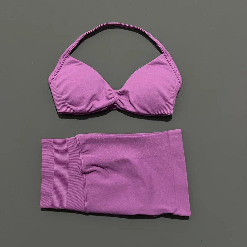 Yoga Gym Set 2 Piece Women Seamless Strappy Yoga Bra Top High Waist Workout Scrunch Shorts Sports Set Fitness Clothes Sportswear