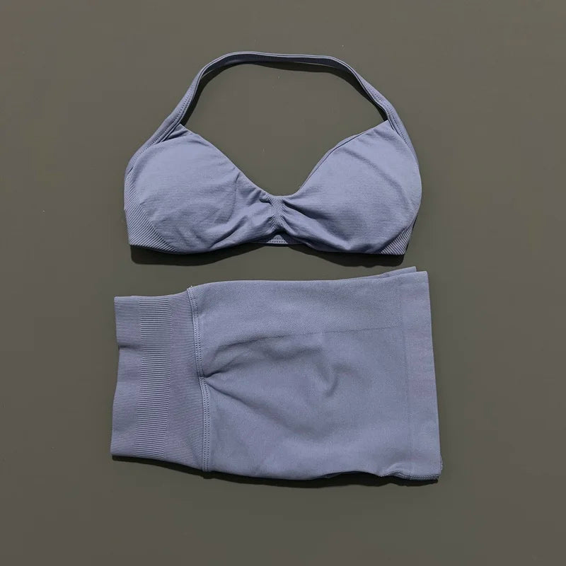 Yoga Gym Set 2 Piece Women Seamless Strappy Yoga Bra Top High Waist Workout Scrunch Shorts Sports Set Fitness Clothes Sportswear