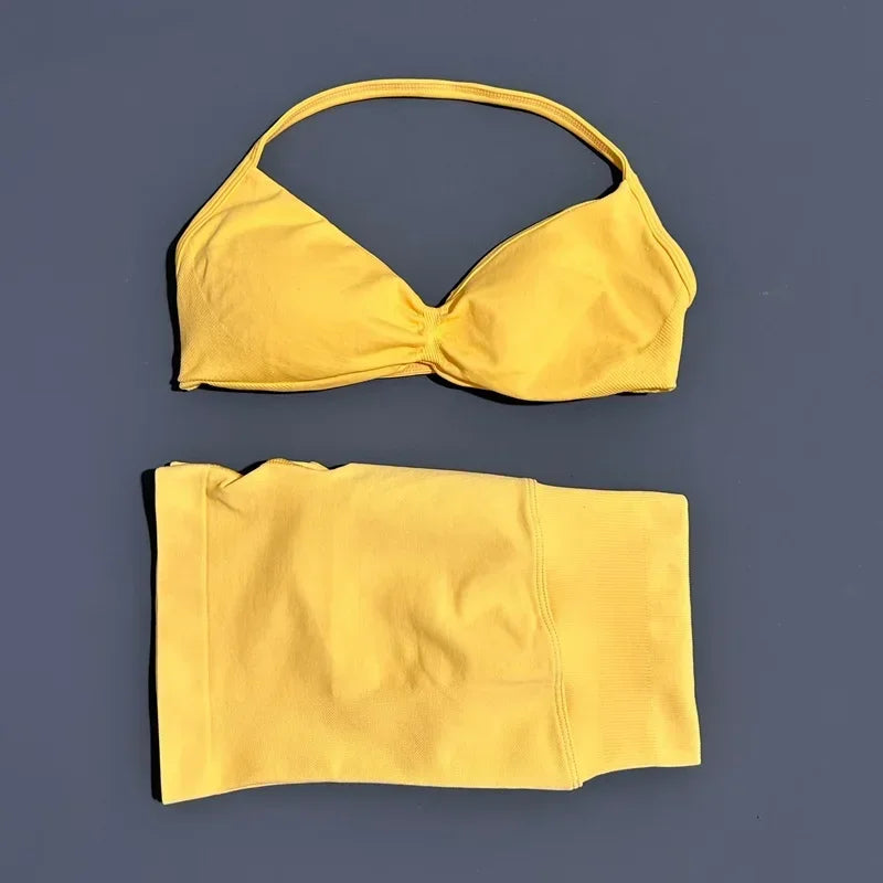 Yoga Gym Set 2 Piece Women Seamless Strappy Yoga Bra Top High Waist Workout Scrunch Shorts Sports Set Fitness Clothes Sportswear