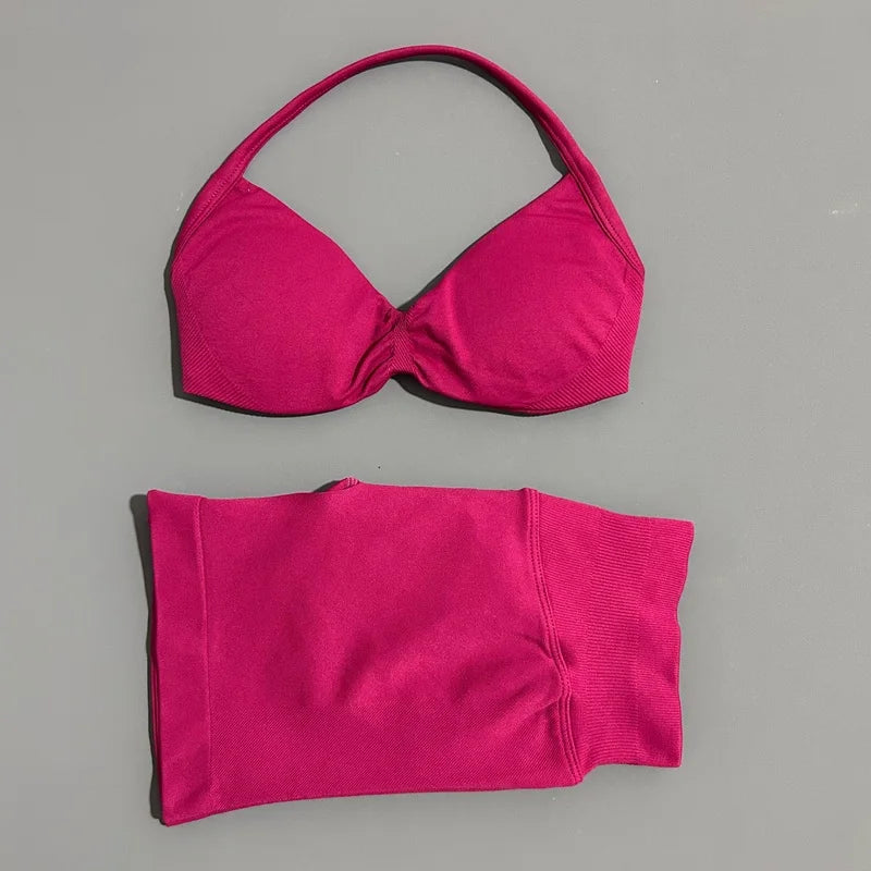 Yoga Gym Set 2 Piece Women Seamless Strappy Yoga Bra Top High Waist Workout Scrunch Shorts Sports Set Fitness Clothes Sportswear