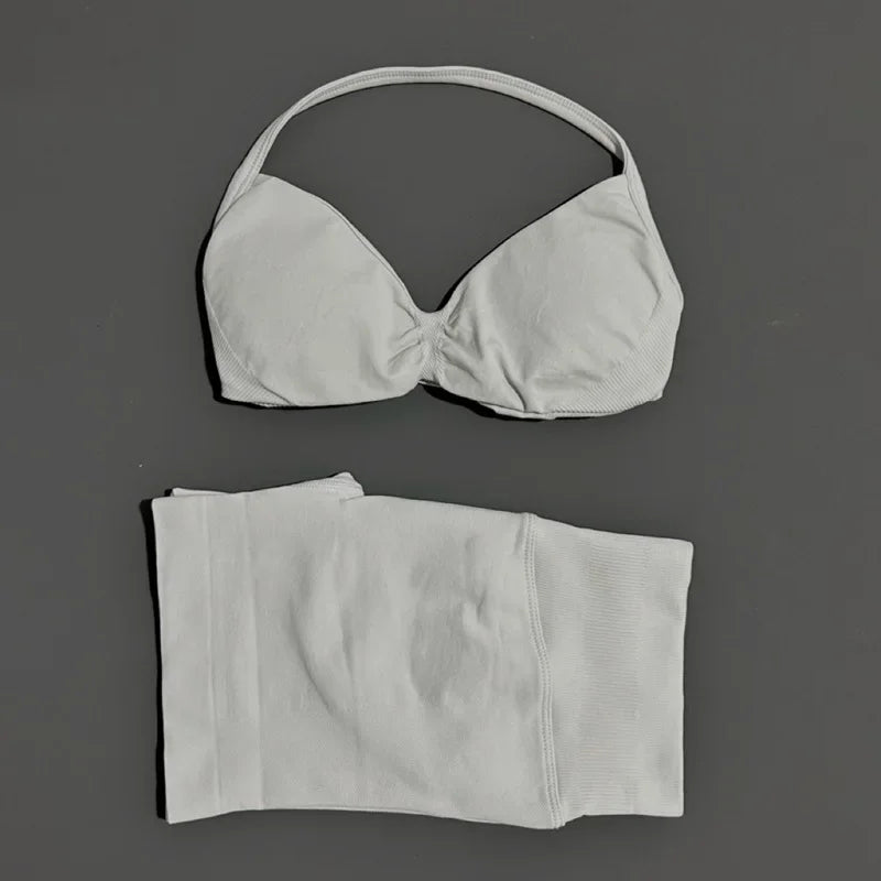 Yoga Gym Set 2 Piece Women Seamless Strappy Yoga Bra Top High Waist Workout Scrunch Shorts Sports Set Fitness Clothes Sportswear