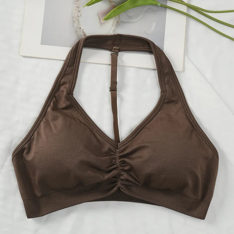 Sports Bra Strappy Backless Yoga Gym Bra Removable Cups Women Workout Clothing Gym Top Halter Sport Bras 6 colors