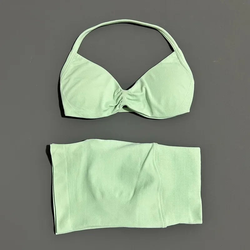 Yoga Gym Set 2 Piece Women Seamless Strappy Yoga Bra Top High Waist Workout Scrunch Shorts Sports Set Fitness Clothes Sportswear