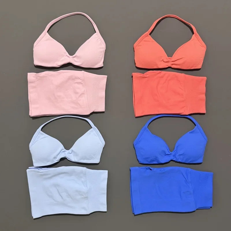 Yoga Gym Set 2 Piece Women Seamless Strappy Yoga Bra Top High Waist Workout Scrunch Shorts Sports Set Fitness Clothes Sportswear
