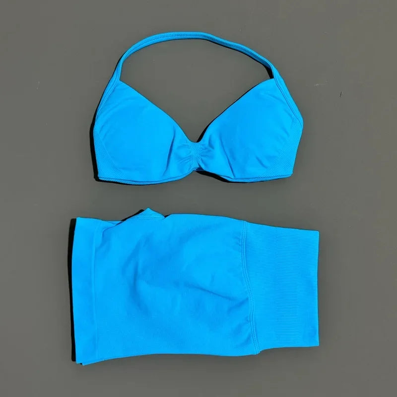 Yoga Gym Set 2 Piece Women Seamless Strappy Yoga Bra Top High Waist Workout Scrunch Shorts Sports Set Fitness Clothes Sportswear