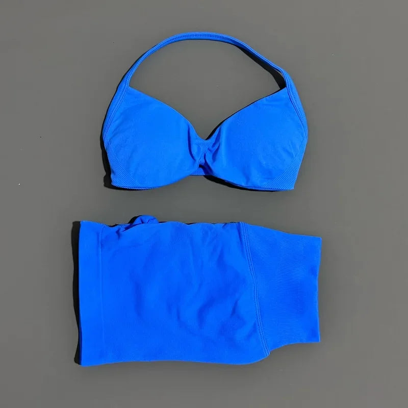 Yoga Gym Set 2 Piece Women Seamless Strappy Yoga Bra Top High Waist Workout Scrunch Shorts Sports Set Fitness Clothes Sportswear