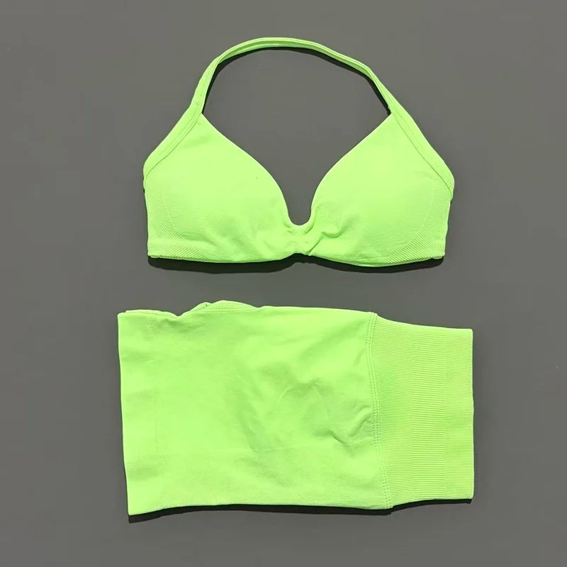 Yoga Gym Set 2 Piece Women Seamless Strappy Yoga Bra Top High Waist Workout Scrunch Shorts Sports Set Fitness Clothes Sportswear