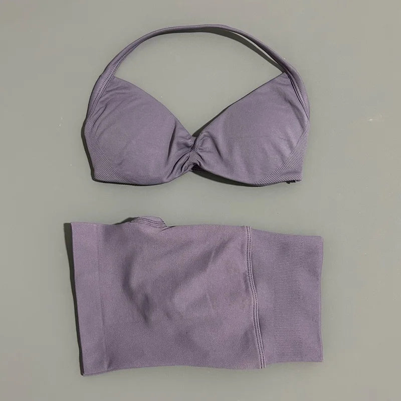 Yoga Gym Set 2 Piece Women Seamless Strappy Yoga Bra Top High Waist Workout Scrunch Shorts Sports Set Fitness Clothes Sportswear