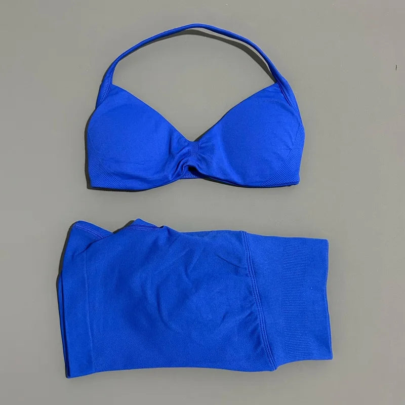 Yoga Gym Set 2 Piece Women Seamless Strappy Yoga Bra Top High Waist Workout Scrunch Shorts Sports Set Fitness Clothes Sportswear