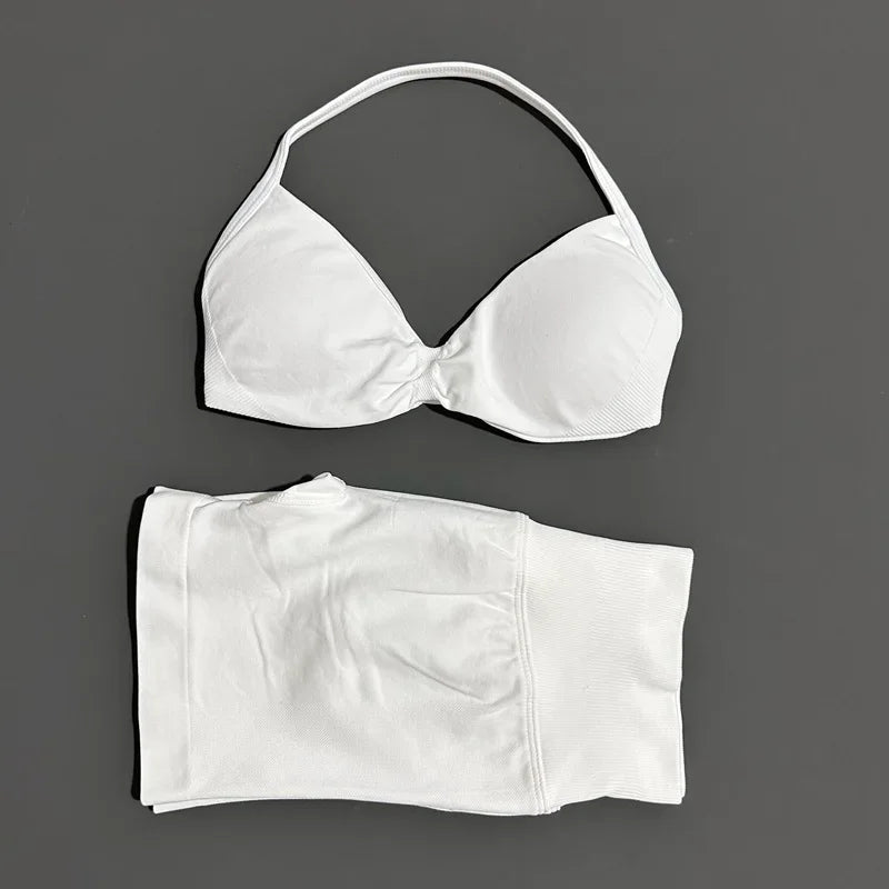 Yoga Gym Set 2 Piece Women Seamless Strappy Yoga Bra Top High Waist Workout Scrunch Shorts Sports Set Fitness Clothes Sportswear