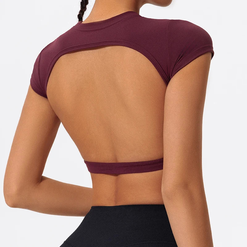 Hearuisavy Sports Shirts Workout Tops Fitness Activewear Female Quick-Dry Yoga Clothes Sport Crop Tops Backless Gym Top Women