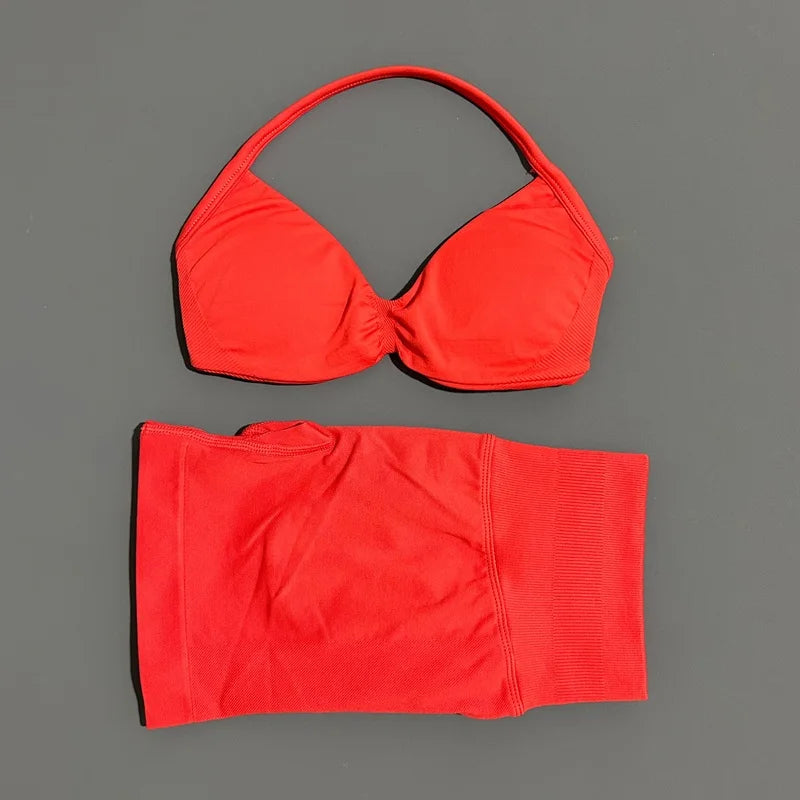 Yoga Gym Set 2 Piece Women Seamless Strappy Yoga Bra Top High Waist Workout Scrunch Shorts Sports Set Fitness Clothes Sportswear