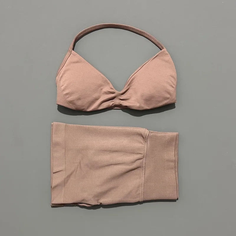 Yoga Gym Set 2 Piece Women Seamless Strappy Yoga Bra Top High Waist Workout Scrunch Shorts Sports Set Fitness Clothes Sportswear