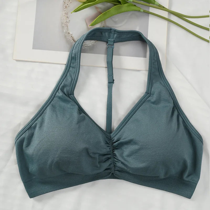 Sports Bra Strappy Backless Yoga Gym Bra Removable Cups Women Workout Clothing Gym Top Halter Sport Bras 6 colors