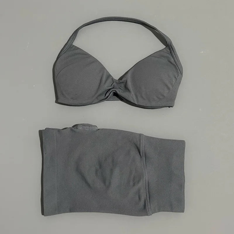 Yoga Gym Set 2 Piece Women Seamless Strappy Yoga Bra Top High Waist Workout Scrunch Shorts Sports Set Fitness Clothes Sportswear