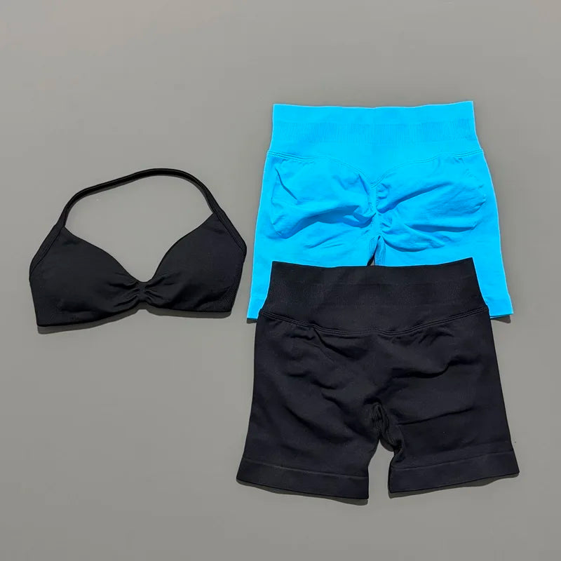 Yoga Gym Set 2 Piece Women Seamless Strappy Yoga Bra Top High Waist Workout Scrunch Shorts Sports Set Fitness Clothes Sportswear