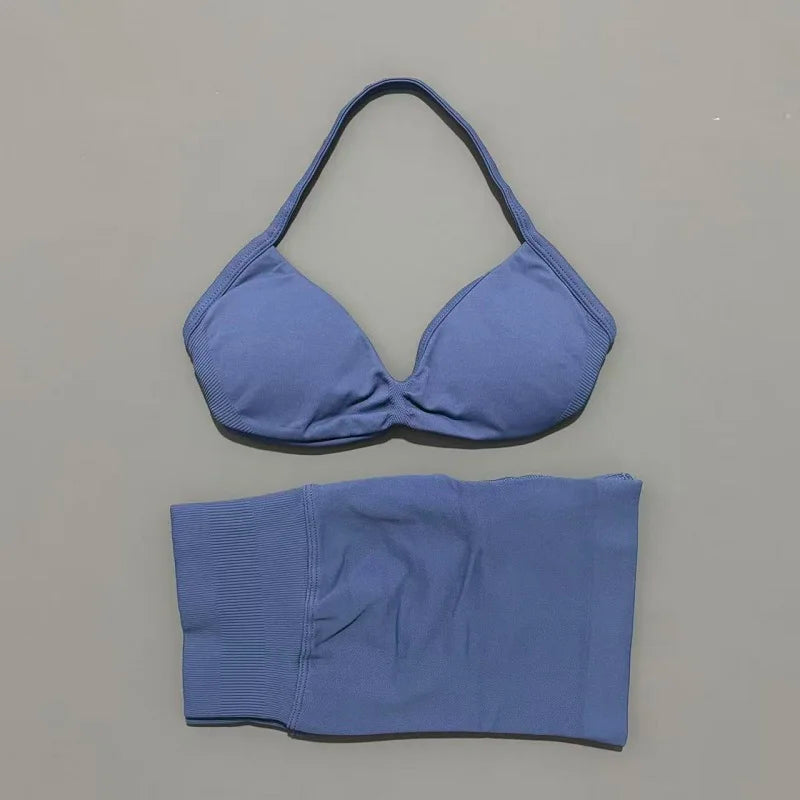 Yoga Gym Set 2 Piece Women Seamless Strappy Yoga Bra Top High Waist Workout Scrunch Shorts Sports Set Fitness Clothes Sportswear