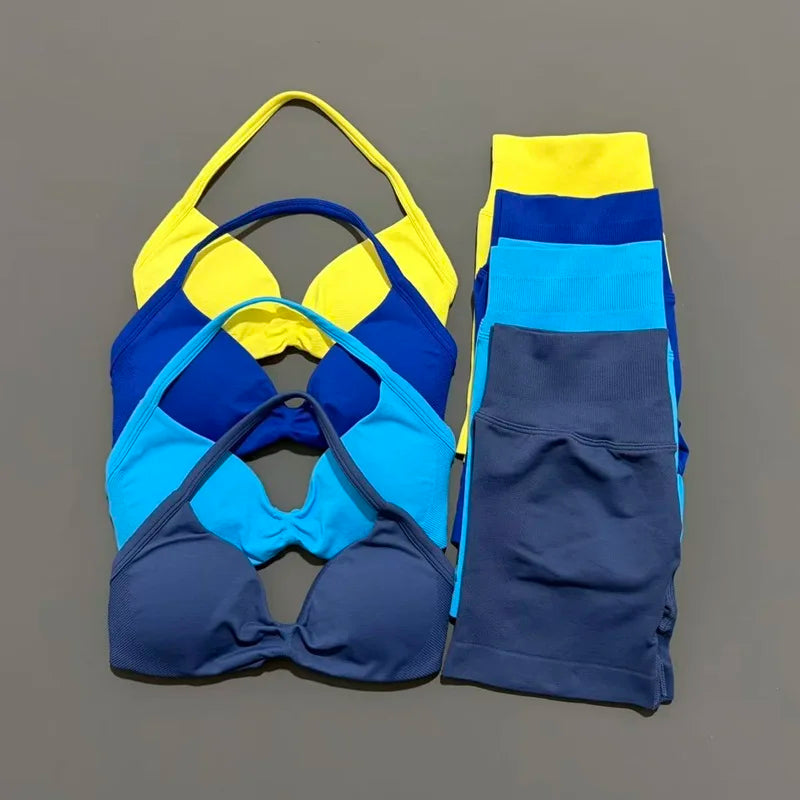 Yoga Gym Set 2 Piece Women Seamless Strappy Yoga Bra Top High Waist Workout Scrunch Shorts Sports Set Fitness Clothes Sportswear